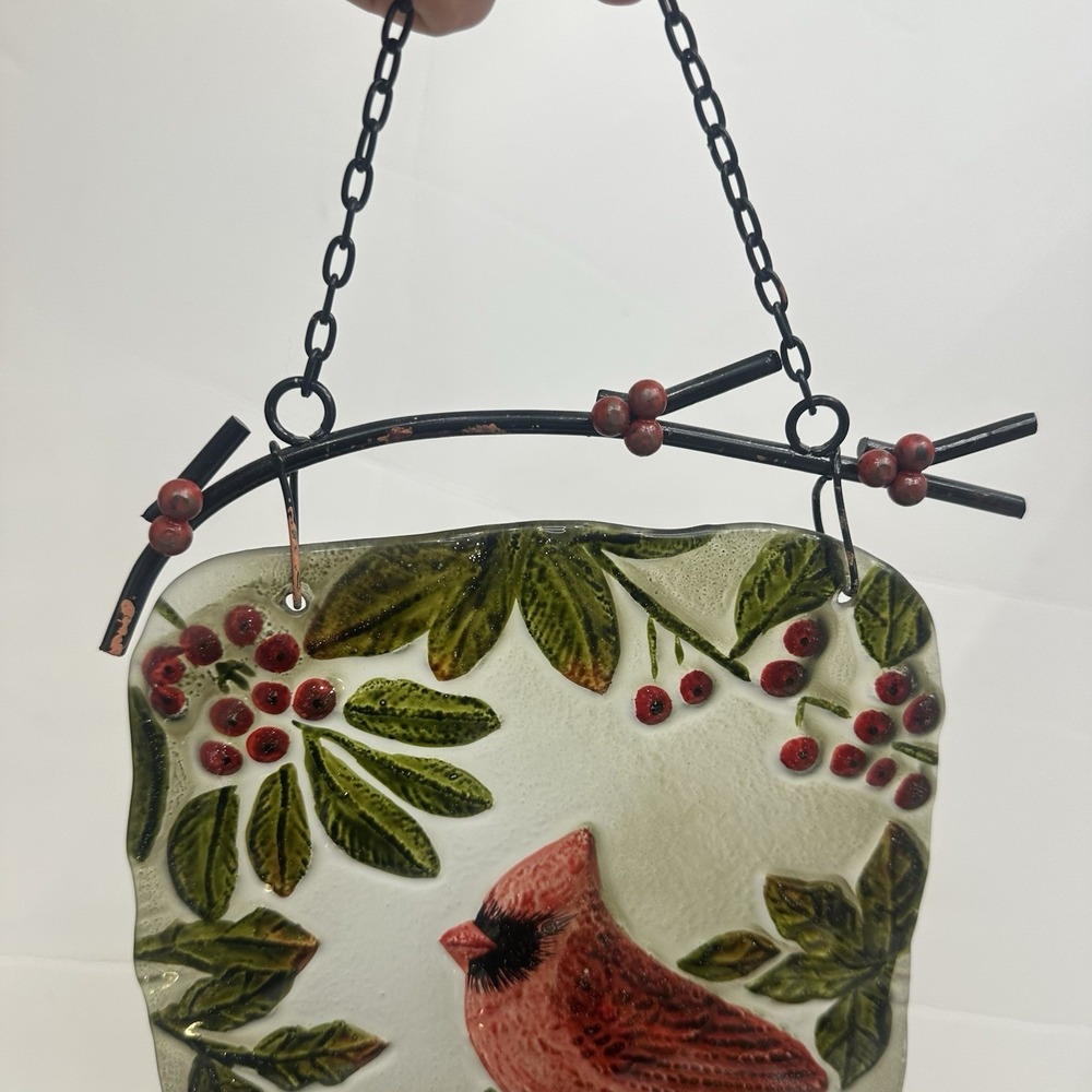 Red Cardinal Artisan Suncatcher Metal Decor Hanger 9" X 7" Holly Branch Glass - Picture 6 of 14